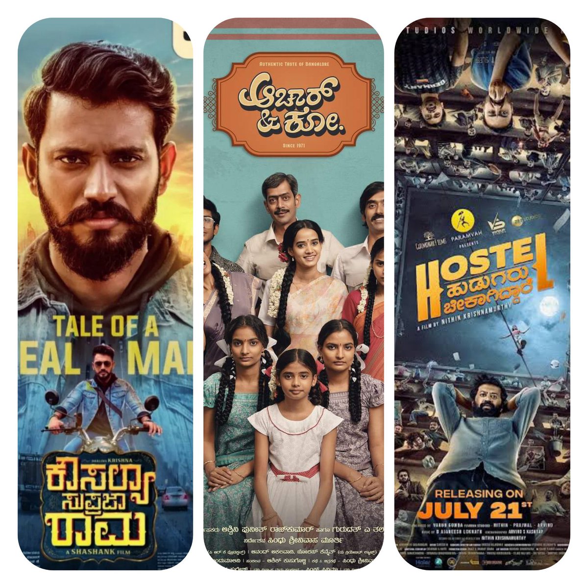 What a week for kannada cinema !! 3 films .. all getting houseful shows at theatres … 🙌🏼 #HostelHudugaruBekagiddare #acharandco #KousalyaSuprajaRama 👏🏻👏🏻👏🏻