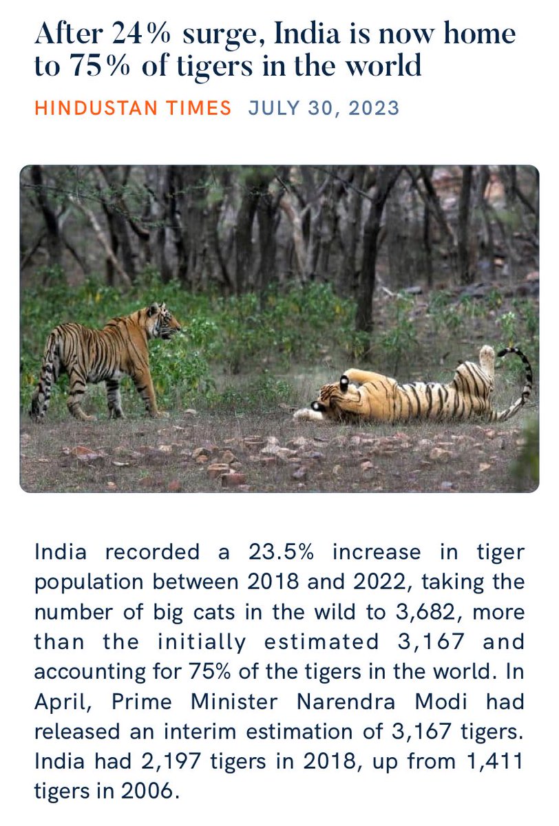 Mritunjoykumar1's tweet photo. After 24% surge, India is now home to 75% of tigers in the world
https://t.co/8d7TDPaLIE
via NaMo App #TigersInMP #Tigers #NarendraModi @narendramodi @ChouhanShivraj @AmitShah @JPNadda @sunilozabjp @NamoApp @NMAppVrtualMeet @PMOIndia @amitmalviya @myogiadityanath @AmitShahOffice @RiturajSinhaBJP
