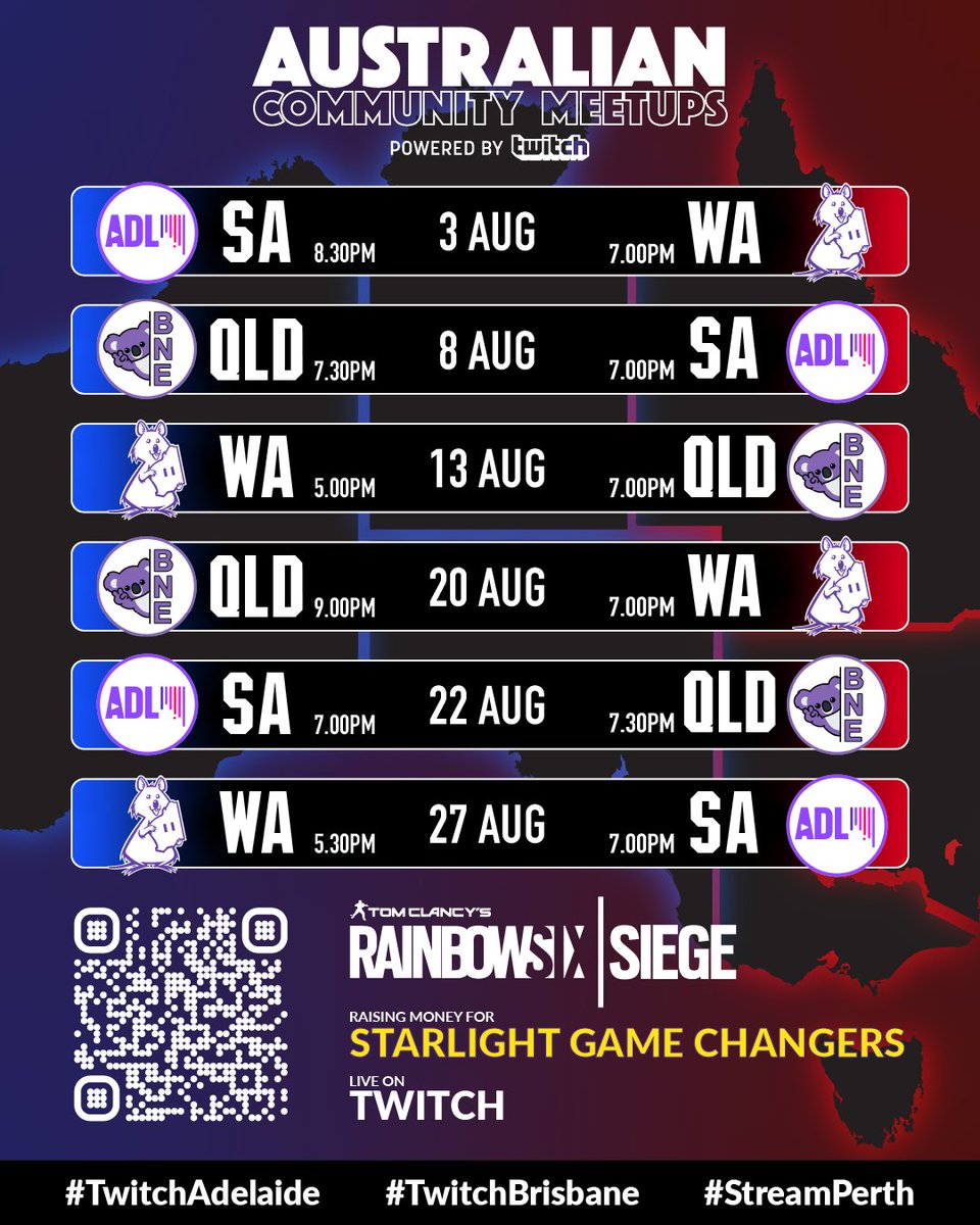 Tune in to watch us take on @Twitch_Perth &amp; @TwitchBrisbane, while we raise money for #StarlightGameChangers, throughout August.  

We’ll be casting all SA matches on Adelaide Communities Twitch channel - twitch.tv/twitchadelaide