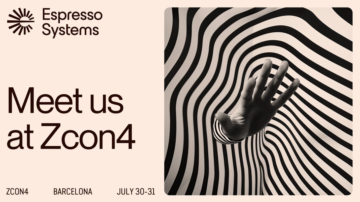 Members of the <a href="/EspressoSys/">Espresso ☕️</a> team are at Zcon4 today!

<a href="/kartik1507/">Kartik Nayak</a> will be giving a talk on privacy-preserving, proof-of-stake blockchains.

And <a href="/iansagstette/">Ian Sagstetter</a> will be speaking on items related to
@zcash funding and governance.

Say hi in person, or watch the stream here