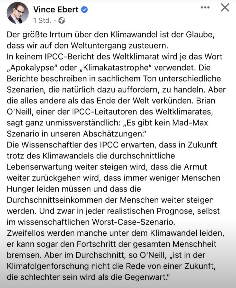 RainerReelfs's tweet photo. Der Weltklimarat, die Autoren des #IPCC, haben nie die Sprache einer @AufstandLastGen oder einer Greta Thunberg gepflegt. Es ist gut, dass Vince Ebert das hier noch einmal klarmacht.

Es gibt keine #Klimakrise, es gibt erst recht keine #Klimakatastrophe . Es gibt einen #Klimawandel, dem man mit verschiedenen Optionen begegnen kann. Alarmismus ist keine.