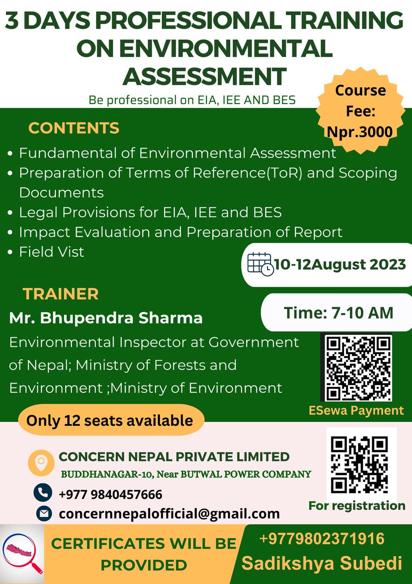 concern_nepal's tweet photo. 📅 Mark your calendars! Join us for a three-day Professional Training on "Environmental Assessment (EIA/IEE/BES)" hosted by Concern Nepal https://t.co/l7rmLavOjZ