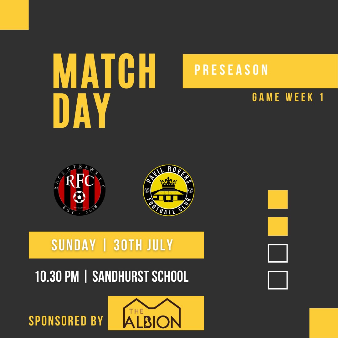 PavilRoversFC's tweet photo. MATCH DAY ⚽️
Rackstraws vs Pavil Rovers FC 

⏰| 10:30
🏟️| Sandhurst School
🏆| Preseason 
📅| Game week 1 

Tough game to get started against a very good team.

Previous result: RFC 8 - 3 PVRFC (preseason)

#Football #SundayFootball #grassrootsfootball #PVRFC #PreseasonFootball https://t.co/oQrcccb8V5