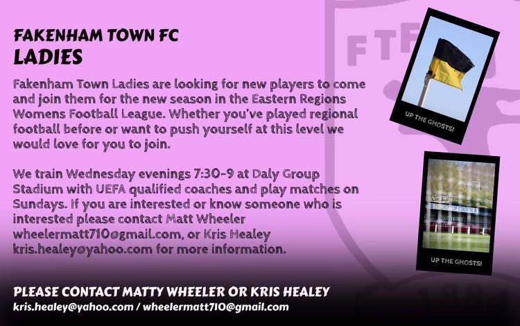 💛🖤We are still looking to add to our squad for the coming season 💛🖤

Please get in touch with Matt or Kris via email below or send us a DM 👻

<a href="/WF_East/">Women's Football East</a> <a href="/ERWFLe/">Eastern Region Women's Football League</a> 
#uptheghosts