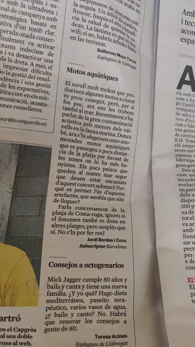 OriolMcat's tweet photo. @RTVEV @elvendrell_cat @BordasCoca86837 @NauticComarruga Aquesta #cartadellector de la @LaVanguardia la podríem signar tots els usuaris de les platges de #comarruga menys els capullos de les motos aquàtiques. De veritat que no es pot prohibir el lloguer ? https://t.co/fcrp13Mbv0