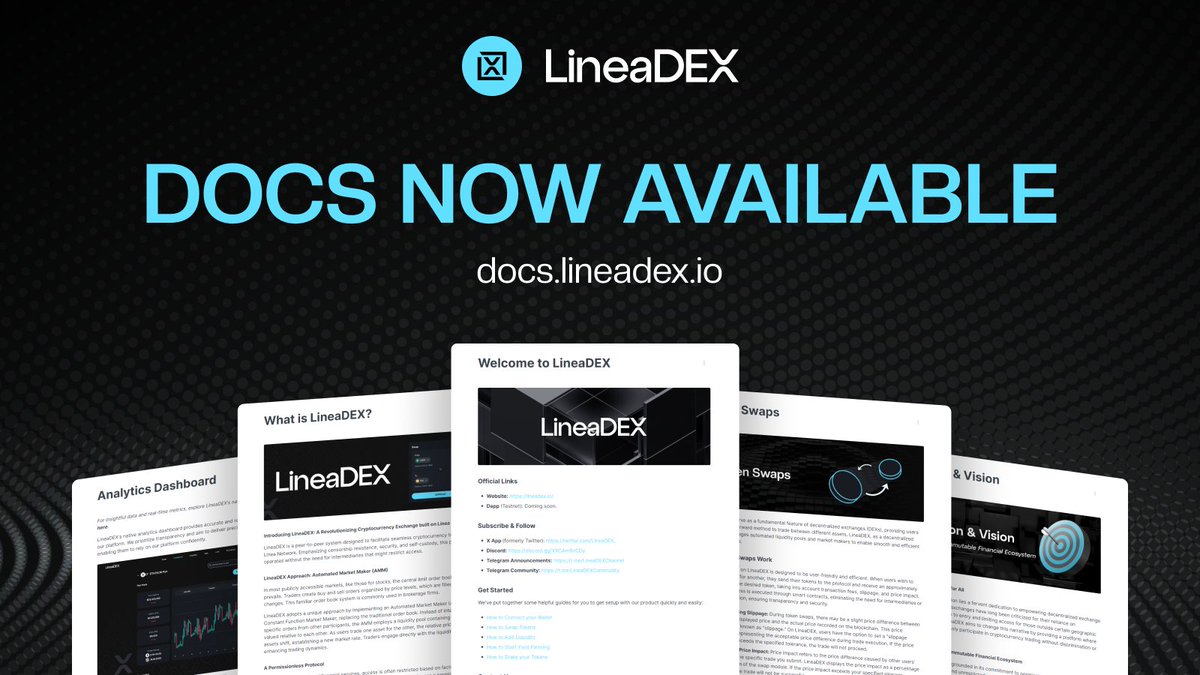 LineaDEX_'s tweet photo. 📈 Seeking to maximize your trading potential?

Look no further! The newly released Docs are your ultimate guide for @LineaDEX_

🔗 Discover now: https://t.co/iKOSPDwWur

#Linea #LineaEcosystem #LineaDEX https://t.co/MN89hQTC2j