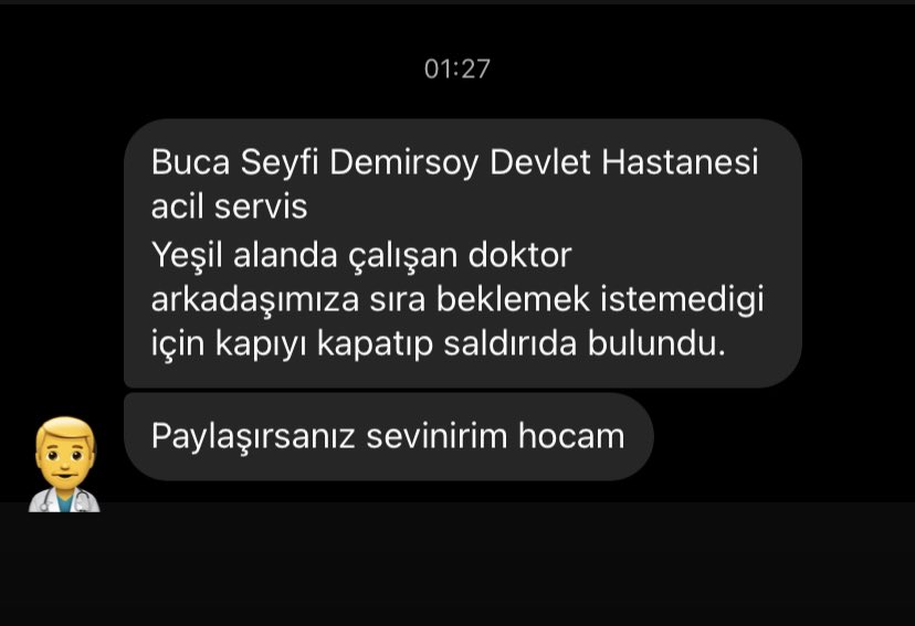 DahiliyeDoktoru's tweet photo. Dün saat 23:00’te

Buca Seyfi Demirsoy Devlet Hastanesi Acil serviste meslektaşıma saldırmışlar. https://t.co/1sUabW8j67