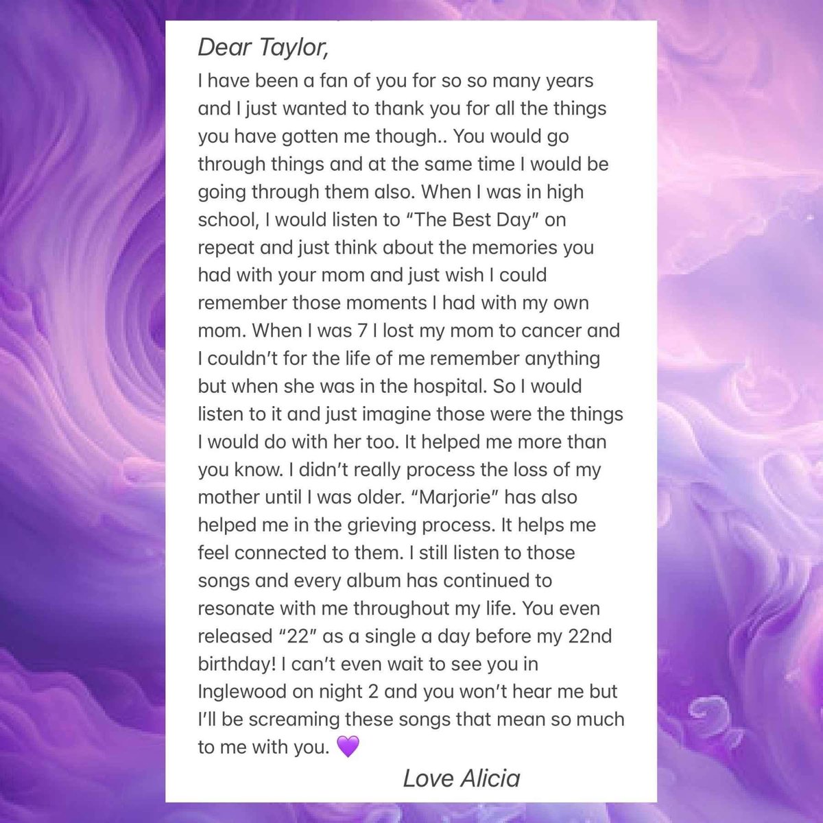 AliciaRae91's tweet photo. To Taylor… Forever grateful for you. 💜

@taylorswift13 @taylornation1 #TaylorSwift #Erastour #TaylorSwiftTheErasTour 
#TheBestDay #LongLive #taylorswiftconcert #tswift https://t.co/ZG5K2p9xYW