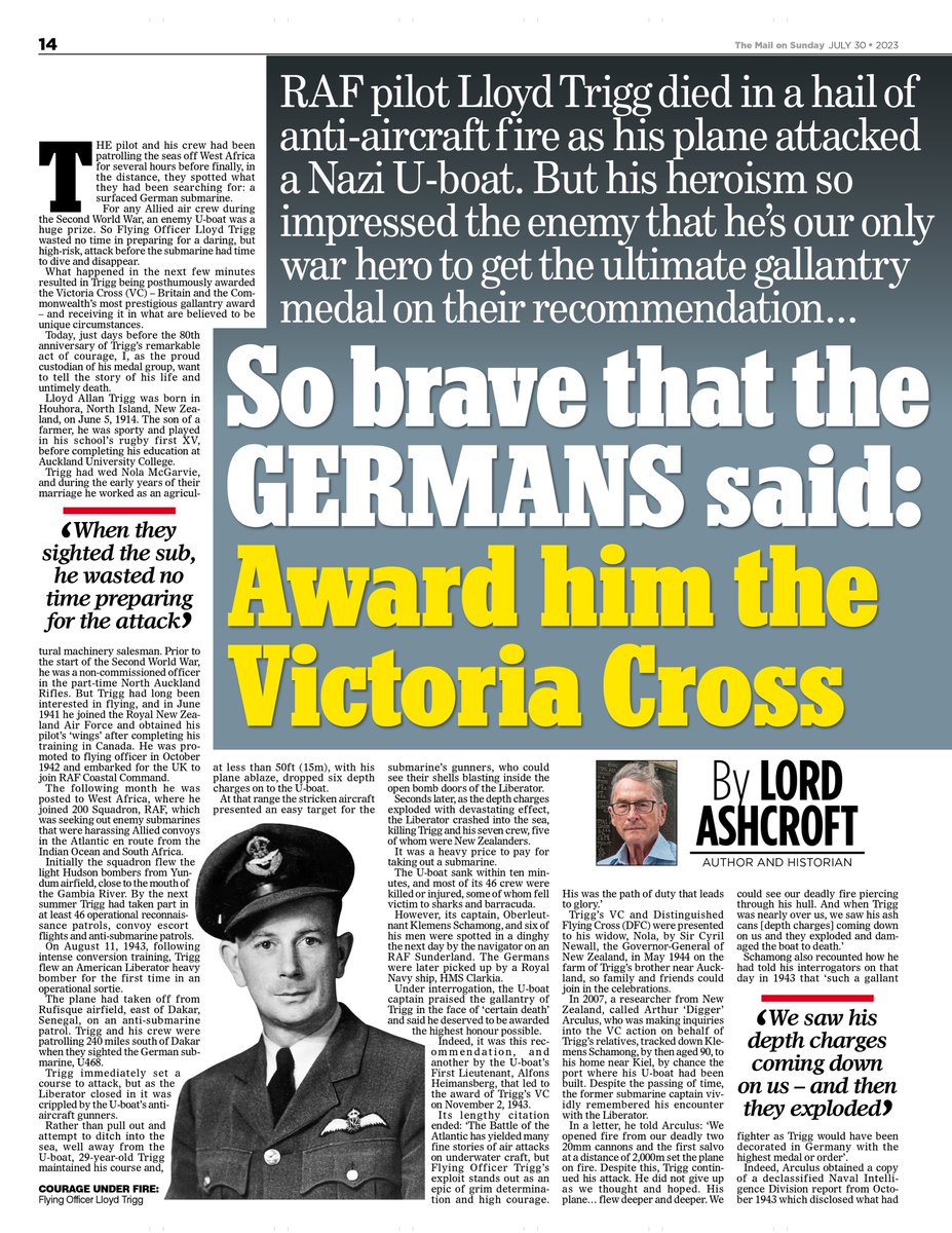 LordAshcroft's tweet photo. My article in The Mail on Sunday about WWII pilot Lloyd Trigg, awarded the VC posthumously for remarkable courage displayed attacking an enemy U-boat.
@MailOnline #lestweforget #WWII https://t.co/AeHmAmx6to
