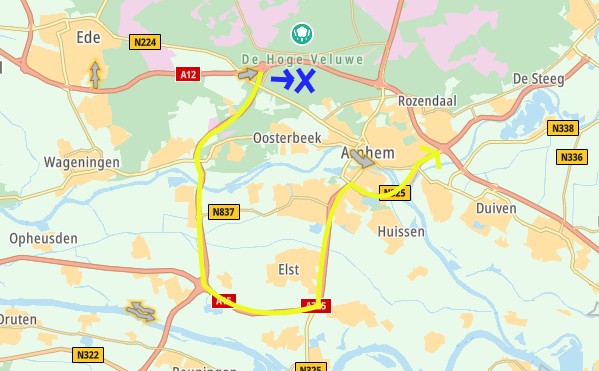 ANWBverkeer's tweet photo. Vanaf maandag 05.00 uur tot woensdag 9 augustus 04.00 is wegens werkzaamheden dicht: #A12 Utrecht ► Arnhem tussen de knp. Grijsoord en Waterberg. De omleiding gaat via Nijmegen (A50, A15, A325, N325) https://t.co/pTypr2sF6t