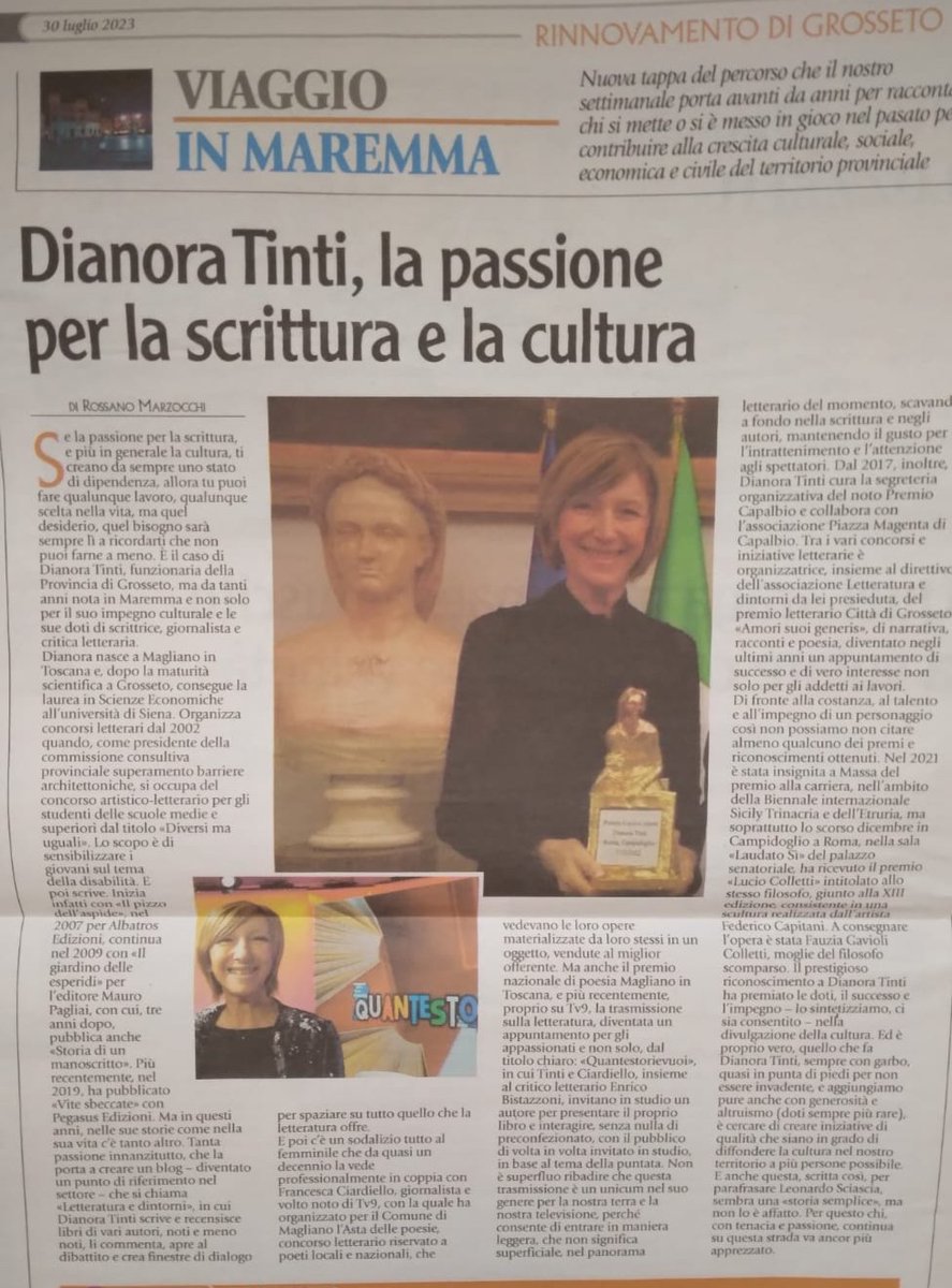 Stamattina mi sono svegliata con questa bellissima sorpresa 🤩 pubblicata sulla rivista #ToscanaOggi 

Grazie al giornalista Rossano Marzocchi per quello che ha scritto e spero di meritare 🙏🙏