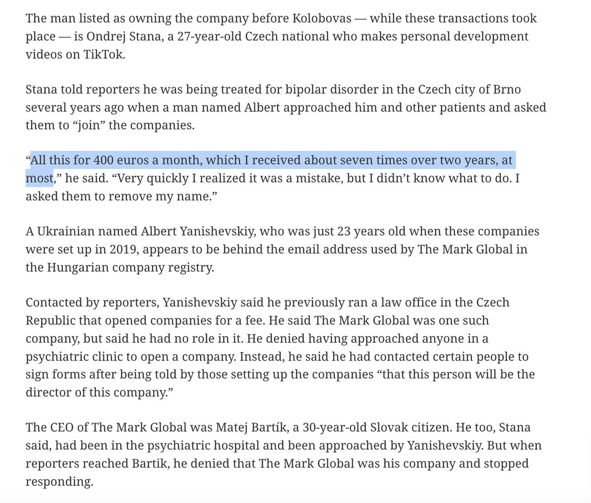 Several patients being treated in a psychiatric hospital in the Czech city of Brno were approached by a man who paid them to become "directors" and "owners" of companies.

We found that these companies imported large amounts of grain from Ukraine.
occrp.org/en/investigati…
