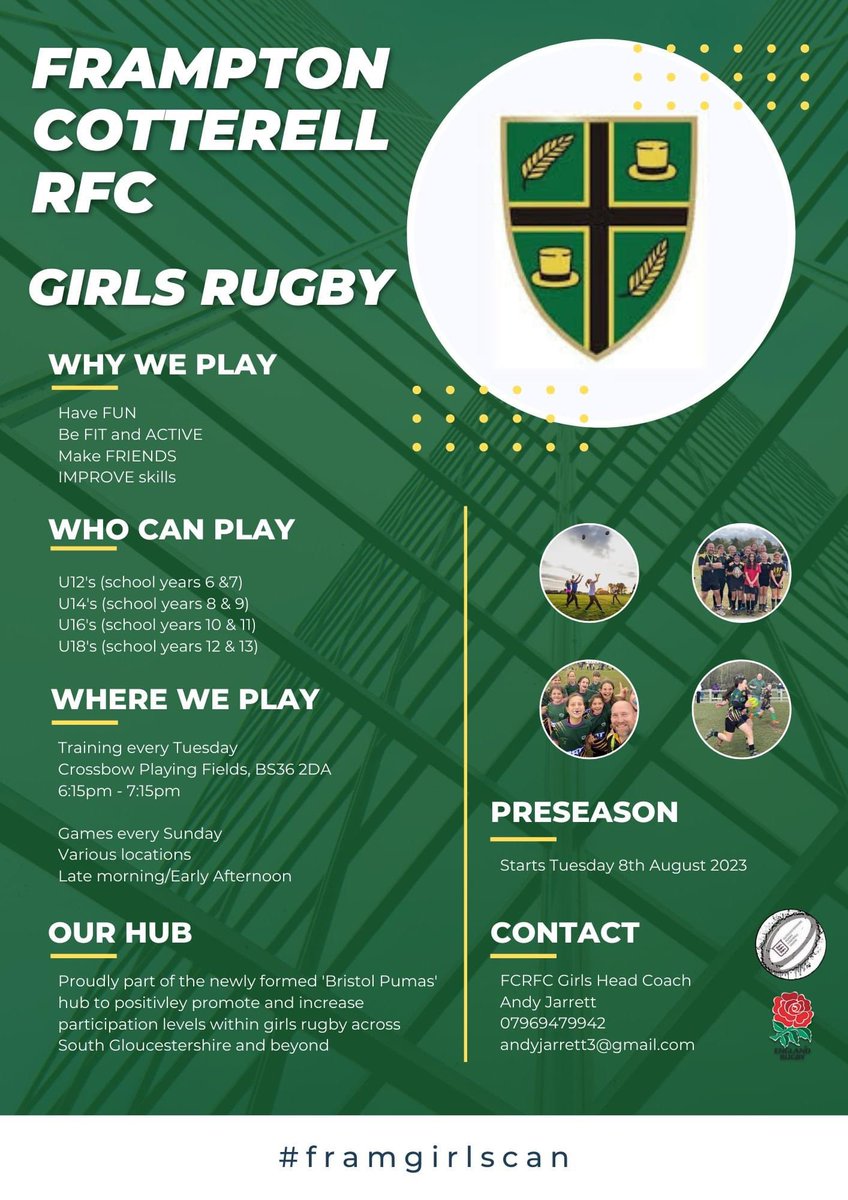 Whether girls are experienced in the game, want to a fresh change of scene or simply new to the area…. Everyone’s welcome 🏉 #upthefram #framgirlscan