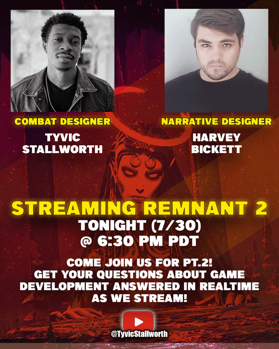 Streaming Remnant 2 Tonight (7/30) @ 6:30PM PDT!

Come get your game dev questions answered in real-time while we stream!

Subscribe to me on Youtube so you don't miss out!
youtube.com/@tyvicstallwor…