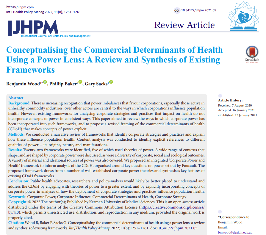 Conceptualising the Commercial Determinants of Health Using a Power Lens: A #Review and #Synthesis of Existing Frameworks

ijhpm.com/article_4007.h…

doi.org/10.34172/ijhpm…

#CorporatePower  #CorporateInfluence  #CommercialDeterminantsofHealth  #CorporateStrategy #IJHPM #CDoH