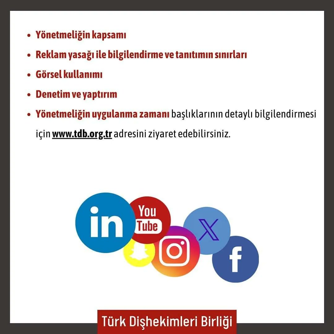 SAĞLIK HİZMETLERİNDE TANITIM VE BİLGİLENDİRME FAALİYETLERİ HAKKINDA YÖNETMELİK YAYINLANDI
Haberin detayı için: tdb.org.tr

#türkdişhekimleribirliği #turkdishekimleribirligi #diş #sağlık #dişhekimi #tdbhaber #tdbd #dişhekimliği #tdböğrencikolu #fdi