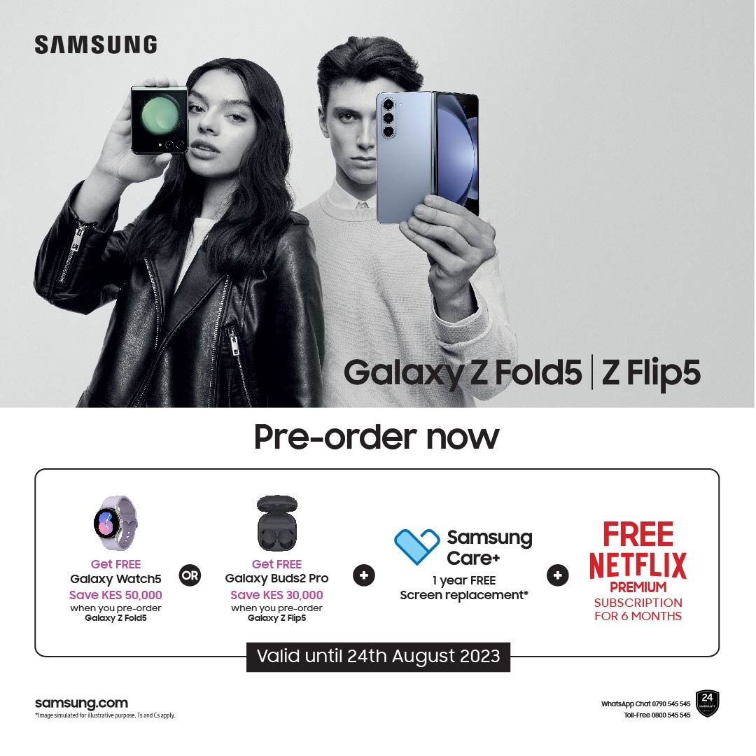 Pre-order Galaxy Z Flip5 between today and 24th August 2023 to get; ✅ Free Galaxy Buds Pro ✅ Free Samsung Care + 1 year free screen replacement ✅ Free Netflix premium subscription for 6 months 🔗samsung.brandcart.co.ke/fold5-flip5 #SamsungUnpacked    #JoinTheFlipSide