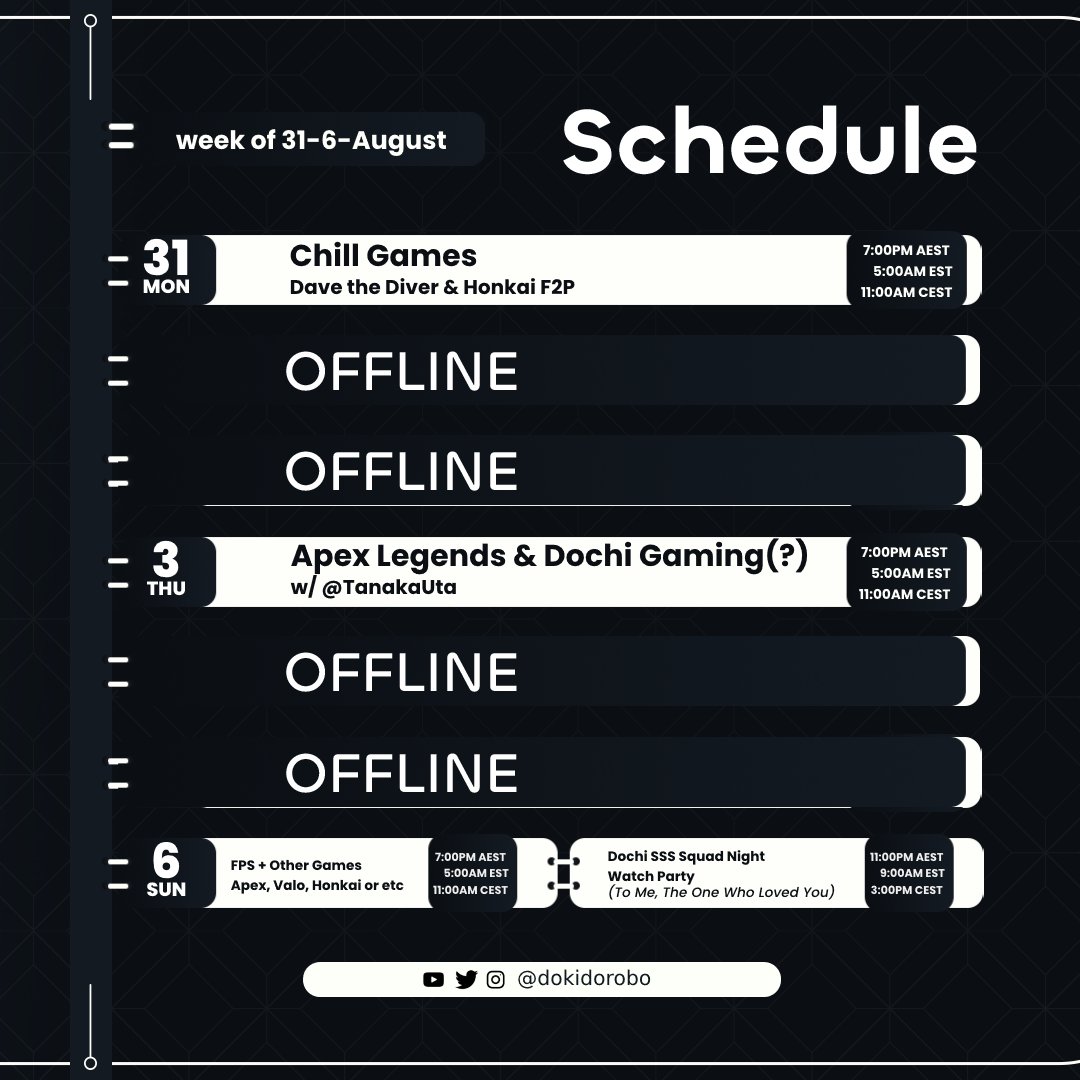 DokiDorobo's tweet photo. New schedule out for the coming week! 👏👏🙏 https://t.co/Sppg3qcpPY