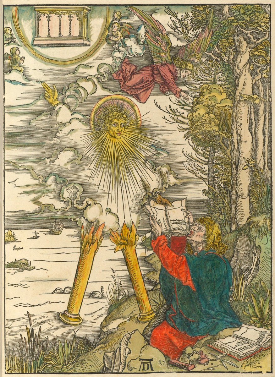 solas_na_greine's tweet photo. Albrecht Dürer, Saint John Eating the Book, 1498, Revelation 10:9 “And I went unto the angel, and said unto him, Give me the little book. And he said unto me, Take it, and eat it up; and it shall make thy belly bitter, but it shall be in thy mouth sweet as honey.” https://t.co/DtqMH6FnkC