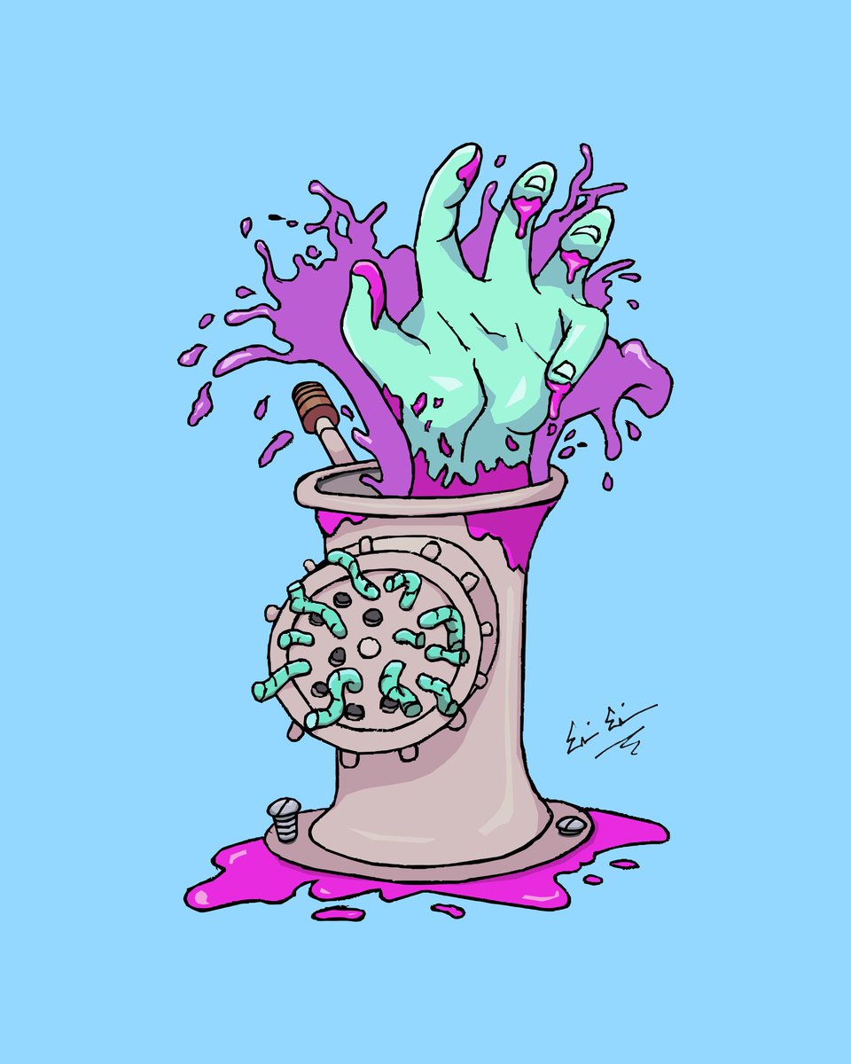 chainsawpolterg's tweet photo. Finalized work: "Meat meets meat grinder" #chainsawpoltergeist #art #artwork #80s #retro #drawings #drawings #digitalart #pendrawing https://t.co/PQ13M3B111