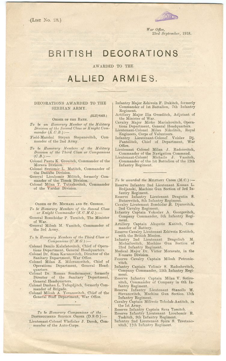 IA_Beograda's tweet photo. A list of the Serbian soldiers decorated by British orders: Orders of the Bath, Ordewr of St Michael and St George, Distinguished Service Order, Military Cross, Distinguished Conduct Medal and MIlitary Medal. First on the list is Field Marshal Stepan Stepanovich. @ukinserbia https://t.co/AgxvlH3wF9