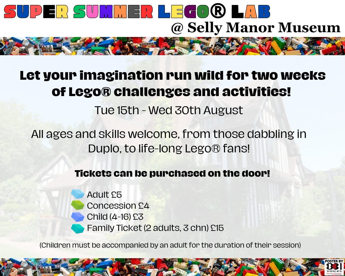 B31Voices's tweet photo. #SWBrumEVENTS – Super Summer Lego® Lab 
INFO/TICKETS: 👉   https://t.co/iB6JHchrEb 

📅 Tue 15th - Wed 30th August
🕚 10am - 4pm
📍 Selly Manor - #Bournville

#B31VoicesSupportingLocal
#Lego
#Duplo
#FamilyEvents 
#SWBrumCREATIVE
#Birmingham   
#BirminghamUK
@Selly_Manor https://t.co/NKVLSHO7Yr