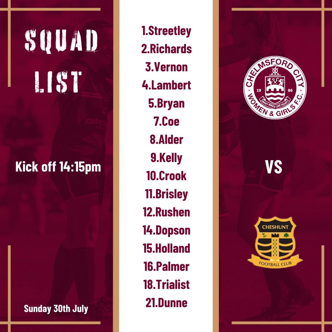 It’s match day! We host @Cheshuntfcwomen in a 2:15 ko at Melbourne Park. Here’s the squad @JohnFowlersLLP @Farewaytaxisltd @TradePriceCars_ @OfficialClarets @WF_East