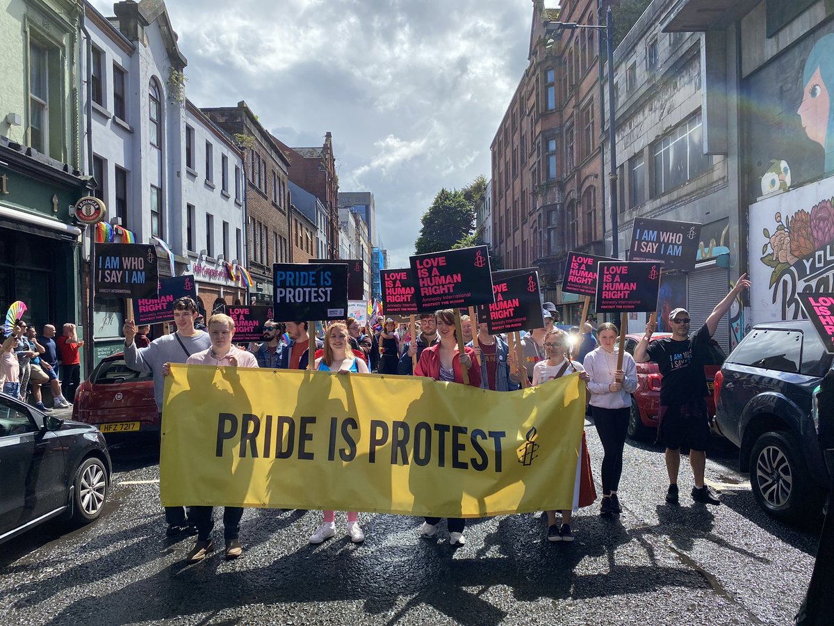 AIActivistsNI's tweet image. Yesterday, tens of thousands of people marched for LGBT+ rights in Belfast and @AmnestyNI was proud to join the parade to say loudly that Pride is, and always will be, a protest 🏳️‍🌈

#belfastpride2023 #PrideIsAProtest #StandByYourTrans