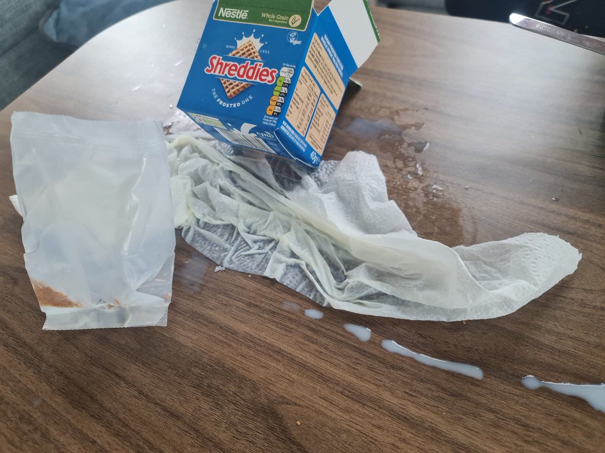 oli_wal's tweet photo. @NestleCerealsUK nice idea to save washing up when camping or eating in the car. However in future I'll be checking the bag for visible holes and filling it up outside or over the sink. This could have gone everywhere and left a very smelly car/tent/sofa with the 1cm bag hole! https://t.co/w8dG2GbN0U