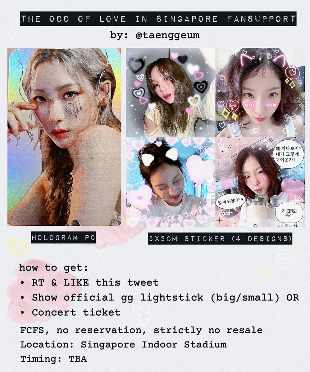 taenggeum's tweet photo. 👑тнє σ∂∂ σƒ ℓσνє ιη ѕg ƒαηѕυρρσят💜

- each pack will contain 1 holo pc + sticker pack 
refer to the pic for more info, fcfs limited quantity.

Will thread irl previews below. Till then, stay healthy &amp; see yall on 20th~☺️

#TAEYEON #TAEYEONinSG #TheODDOfLOVE_in_SINGAPORE https://t.co/V15m0dUUr7