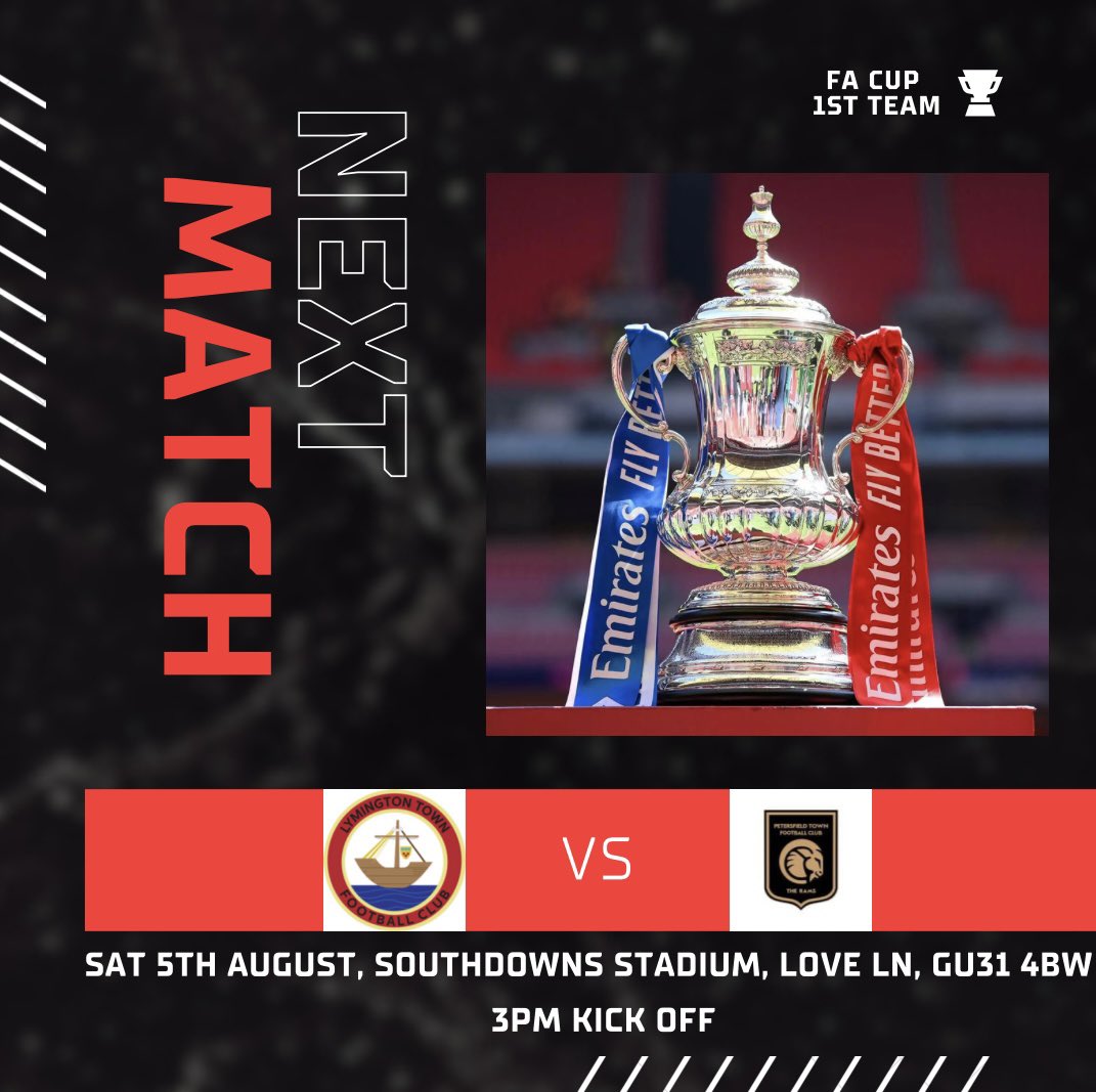 lymingtontownfc's tweet photo. ⚽️| Next Match

@lymingtontownfc V @PTFCTheRams 
🏆| FA Cup Extra Preliminary Round
📆| Saturday 5th August
⏰| 15:00 KO
📍| Southdowns Stadium

Come and support @AColmer and the team in their first competitive game of the season!

#upthelymo 🇦🇹 https://t.co/8ZnADJQKWI