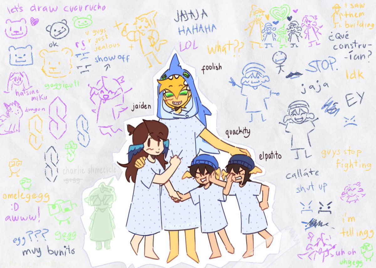 silleescrimblo's tweet photo. A golden shark pup and a flock of baby birds (and a little slime) 

(explanation why test tube baby slime looks so ominous in replies) #geggfanart #slimeciclefanart #quackityfanart #elquackityfanart #foolishfanart #jaidenfanart #jaidenart #qsmp #qsmpfanart #cucurucho (kinda) https://t.co/2cYRDgQ40d