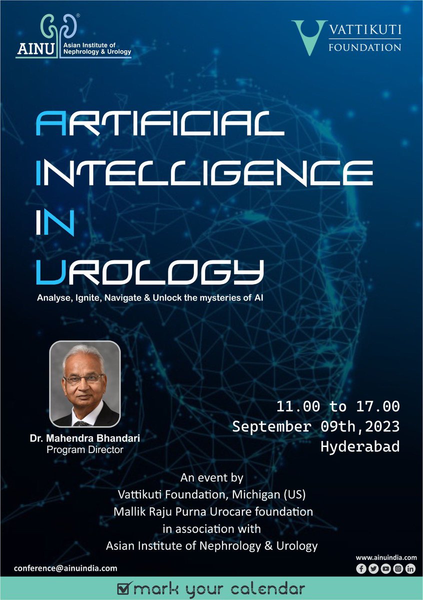 Asian Institute of Nephrology and Urology (@ainuindia) on Twitter photo The new world ๐ is all about #artificalintelligence ! Get ready to see how AI had an impact on #urology with this upcoming CME in association with <a href="/VattikutiRobotx/">Vattikuti Foundation</a> ! <a href="/MBhandariUrol/">Mahendra bhandari</a> <a href="/usioffice/">Urological Society of India ๐ฎ๐ณ</a> <a href="/mallikuro7/">mallikarjuna c</a> <a href="/AmerUrological/">Amer. Urol. Assn.</a> <a href="/Uroweb/">European Association of Urology (EAU)</a> <a href="/YouthUSI/">YOUsi</a> <a href="/CAU_URO/">Confederaciรณn Americana de Urologรญa (CAU)</a> <a href="/eau_yuo/">EAU Young Urologists</a> <a href="/young_endosoc/">Young Endo Society</a> ๐ค ๐ง ๐ฎ๐ณ The new world ๐ is all about #artificalintelligence ! Get ready to see how AI had an impact on #urology with this upcoming CME in association with <a href="/VattikutiRobotx/">Vattikuti Foundation</a> ! <a href="/MBhandariUrol/">Mahendra bhandari</a> <a href="/usioffice/">Urological Society of India ๐ฎ๐ณ</a> <a href="/mallikuro7/">mallikarjuna c</a> <a href="/AmerUrological/">Amer. Urol. Assn.</a> <a href="/Uroweb/">European Association of Urology (EAU)</a> <a href="/YouthUSI/">YOUsi</a> <a href="/CAU_URO/">Confederaciรณn Americana de Urologรญa (CAU)</a> <a href="/eau_yuo/">EAU Young Urologists</a> <a href="/young_endosoc/">Young Endo Society</a> ๐ค ๐ง ๐ฎ๐ณ