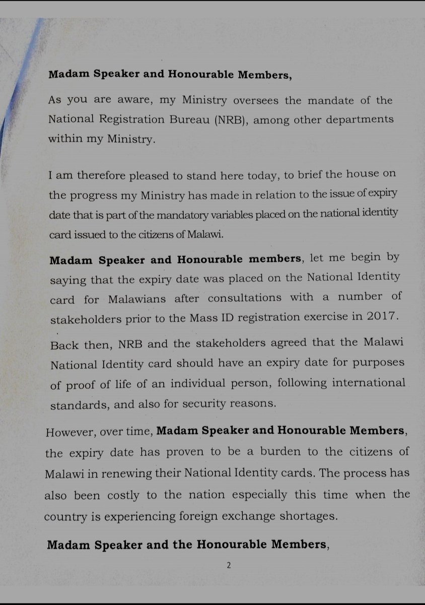 MalawiGovt's tweet photo. Ministerial Statement on Suspension of Expiry Date on National Identity Card in Malawi https://t.co/hVhYRJqncf