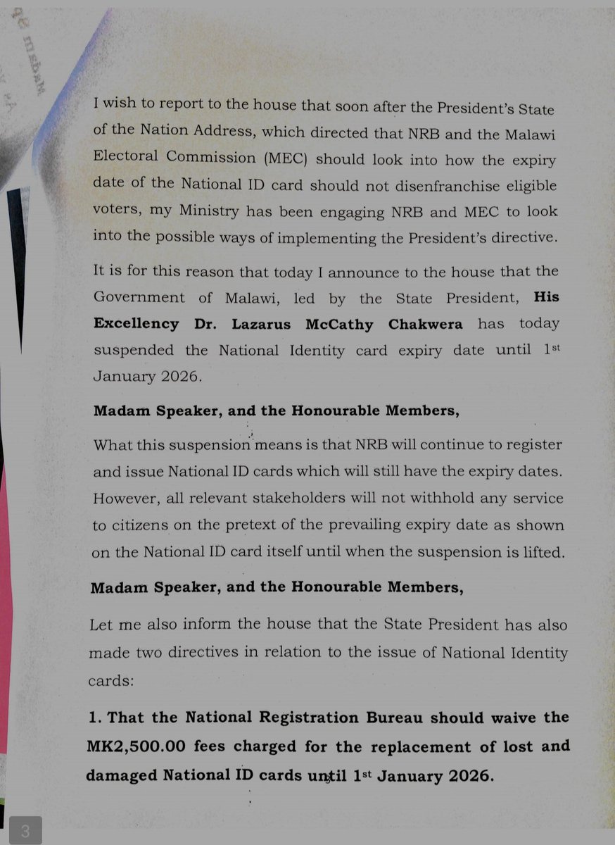 MalawiGovt's tweet photo. Ministerial Statement on Suspension of Expiry Date on National Identity Card in Malawi https://t.co/hVhYRJqncf