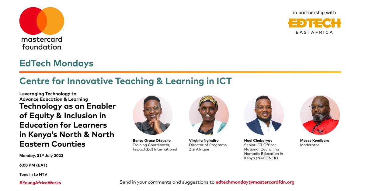 ntvkenya's tweet image. Enjoying your Sunday?

We’re warming up for an informative session during this month’s #EdTechMonday where we will be discussing ways in which we can increase access to quality education in Kenya’s arid and semi-arid areas.

Make a date with us tomorrow at 6.00pm…