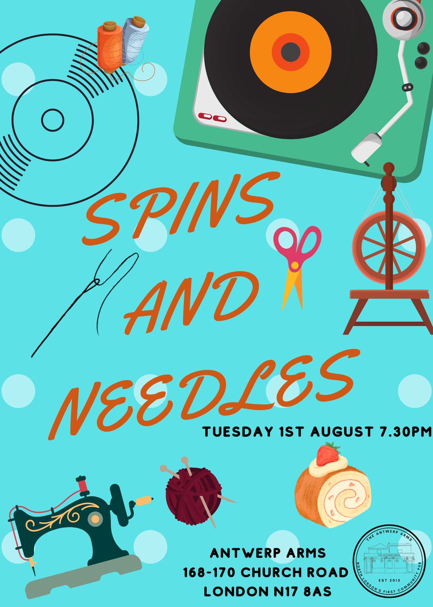 AntwerpArmsAsoc's tweet photo. Our next Spins and Needles is Tuesday 1st August. We'll crochet granny squares for a blanket, service the Singer 99k machine and look at  projects on here @sewingdirectory
I will also bring cake, my spinning wheel and some 80s albums.
#crochet #sewing #spinning 
#Tottenham https://t.co/B7zQJpYVQ4