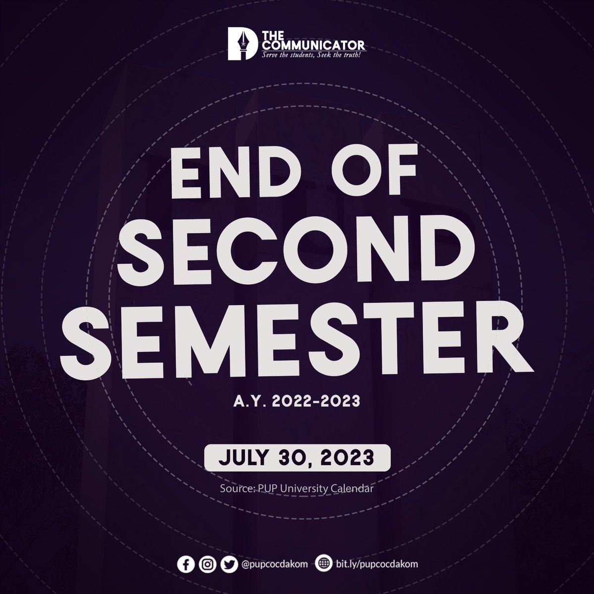 pupcocdakom's tweet photo. Today, July 30, marks the end of second semester of the Academic Year 2022-2023, as per university calendar. 

Pagpupugay, mga Iskolar ng Bayan! https://t.co/QQl61Yr5Ki