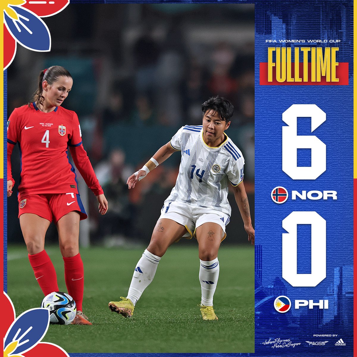 PilipinasWNFT's tweet photo. 𝗙𝗨𝗟𝗟 𝗧𝗜𝗠𝗘: Our #FIFAWWC dream ends.
 
🇳🇴 6-0 🇵🇭 

🔵🔴🟡 #LabanFilipinas #ParaSaBayan #WinTheMoment #FilipinasTayo #FWWC2023 #NORvPHI https://t.co/drqsgnp2Wt