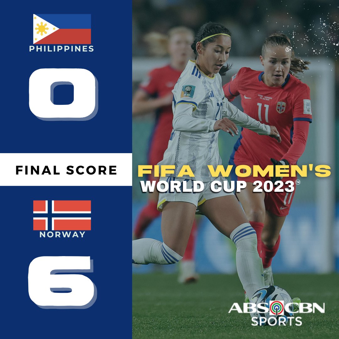 abscbnsports's tweet photo. SALUDO, FILIPINAS 🫡 

The Philippine Women’s National Football team fought hard but fell to a mighty Norway squad, 6-0. This ends the 🇵🇭’s campaign in the 2023 FIFA Women’s World Cup.

#LabanFilipinas
#ABSCBNSports https://t.co/fUvTMAXQdy