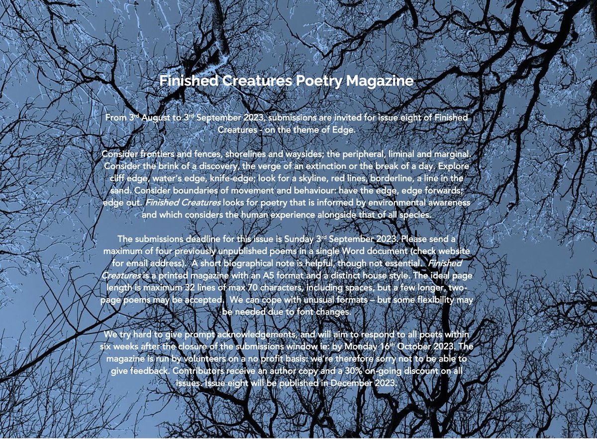 Get ready: the submissions window for issue eight - Edge - opens this week on August 3rd for one month.   Details below and on the website. RTs welcome 💙🧡
 #edge  #ecopoetry  #beautyanddaring