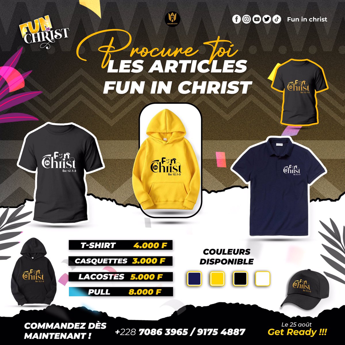 fun_in_christ's tweet photo. Sublimez vos looks avec les Articles FUN IN CHRIST. Disponible au (+228) 91754887, 70863965.
Rendez-vous le 25 Août. Together let’s have FUN IN CHRIST, FUN over the world.💯❤️
#twittostg #funinchrist #christfindme https://t.co/WnTwTcbFG8
