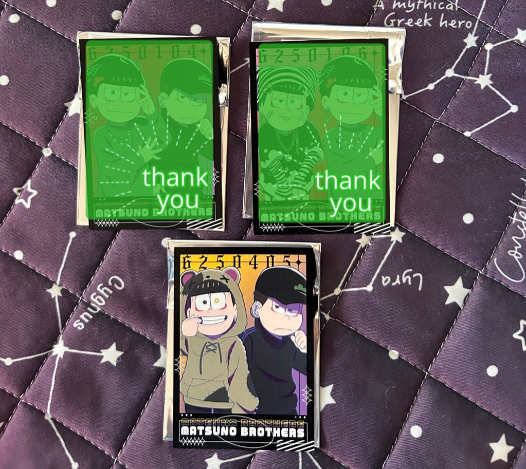 OSMT_345's tweet photo. 【交換 おそ松さん マルイ 闇松さん】
譲
①缶バッジ おそ松
②インスタントフォト風カード 数字
求
①チョロ松or若葉
②年中

ピンポイントで難しいかと思いますが、2:2での交換が可能な方が居ましたらお声掛け下さい。 https://t.co/ASfVJHu2Ri