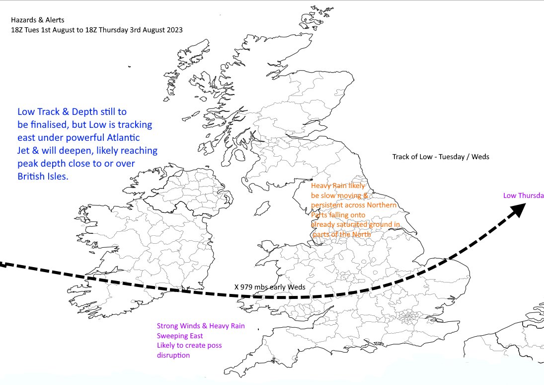 1/8 [TECHNICAL] Models are now firming up on the idea of a very deep (unseasonably deep for August) crossing the Southern half of the UK on Wednesday. The Low will likely bring Strong Winds, Heavy Rain, & following that Heavy Showers & Thunderstorms in the Cool Northerly Flow.