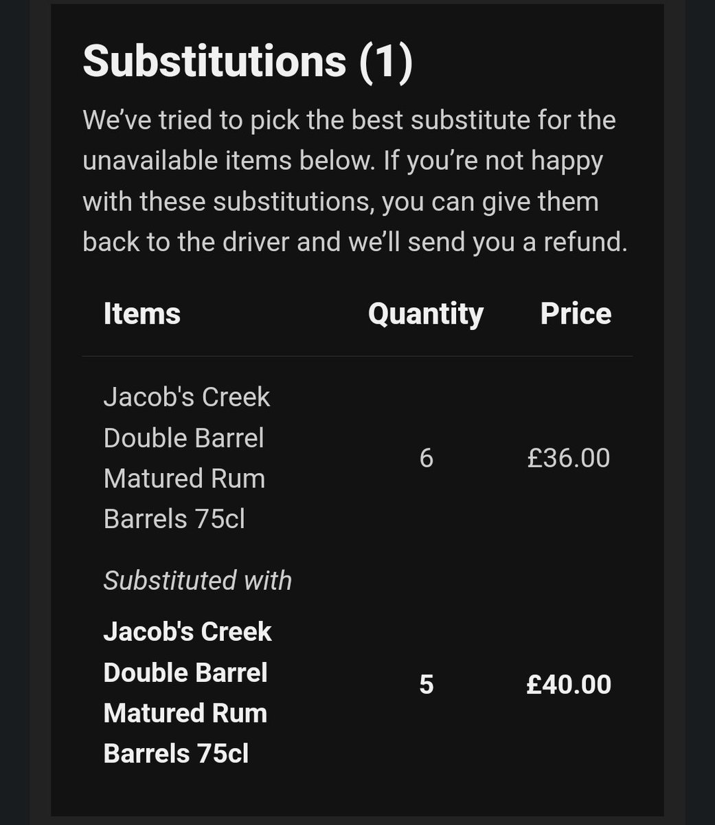JarradRose's tweet photo. However, you have this time managed to "substitute" 6 of my order to the exact same bottles of wine for £2 extra cost per bottle!! Unavailable? Obviously not, but still "substituted" Frankly ridiculous and compounded by your blunt response https://t.co/kSbvusvt1q