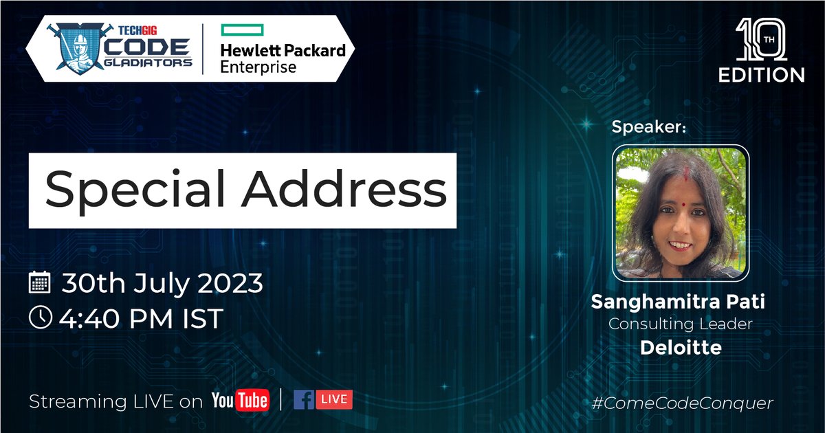 techgigdotcom's tweet photo. 🔴▶️Watch the ongoing LIVE special address by our speaker Sanghamitra Pati, Consulting Leader, @Deloitte at the #GrandFinale & #AwardCeremony of a decadal edition of #TechGig #CodeGladiators2023. Catch the LIVE action 🔗 https://t.co/LdzuuVc3LV
#ComeCodeConquer
@HPE https://t.co/0mJpW0dS9T