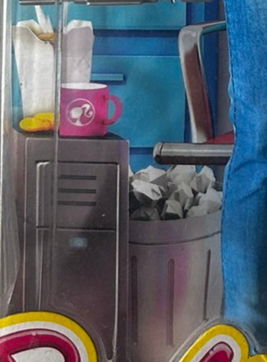 Reminder that game developer Barbie has half eaten take out, a mug of coffee ON her PC and a bin full of scrapped ideas. Authentic.