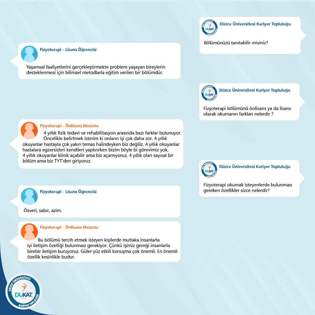 dukatofficial's tweet image. Fizyoterapi önlisans ve lisans öğrencilerinden bölümlerini tanıtmalarını rica ettik!💫

#fizyoterapi #üniversite #tercih #tercih2023 #düzceüniversitesi #sınav #kariyer