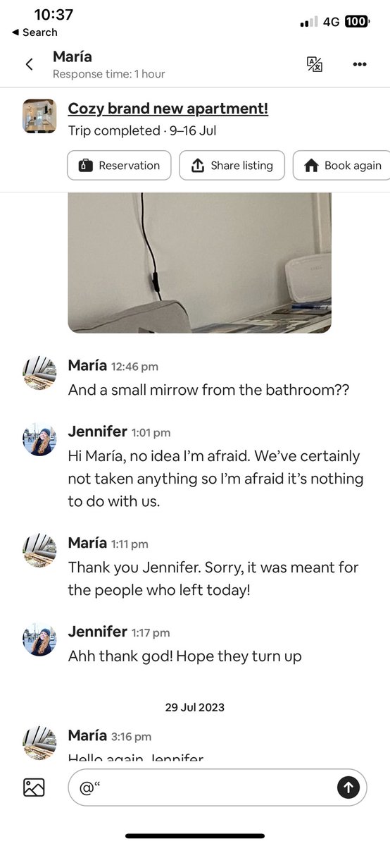 ShotByJen's tweet photo. @AirbnbHelp @Airbnb @Airbnb_uk hello day two of tweeting about this ridiculous host who has left a review saying I stole from her. Here it María telling me that initially meant to send the accusation to the guests after us. This host is a scammer. Contact me. https://t.co/y1Y1Isrygb