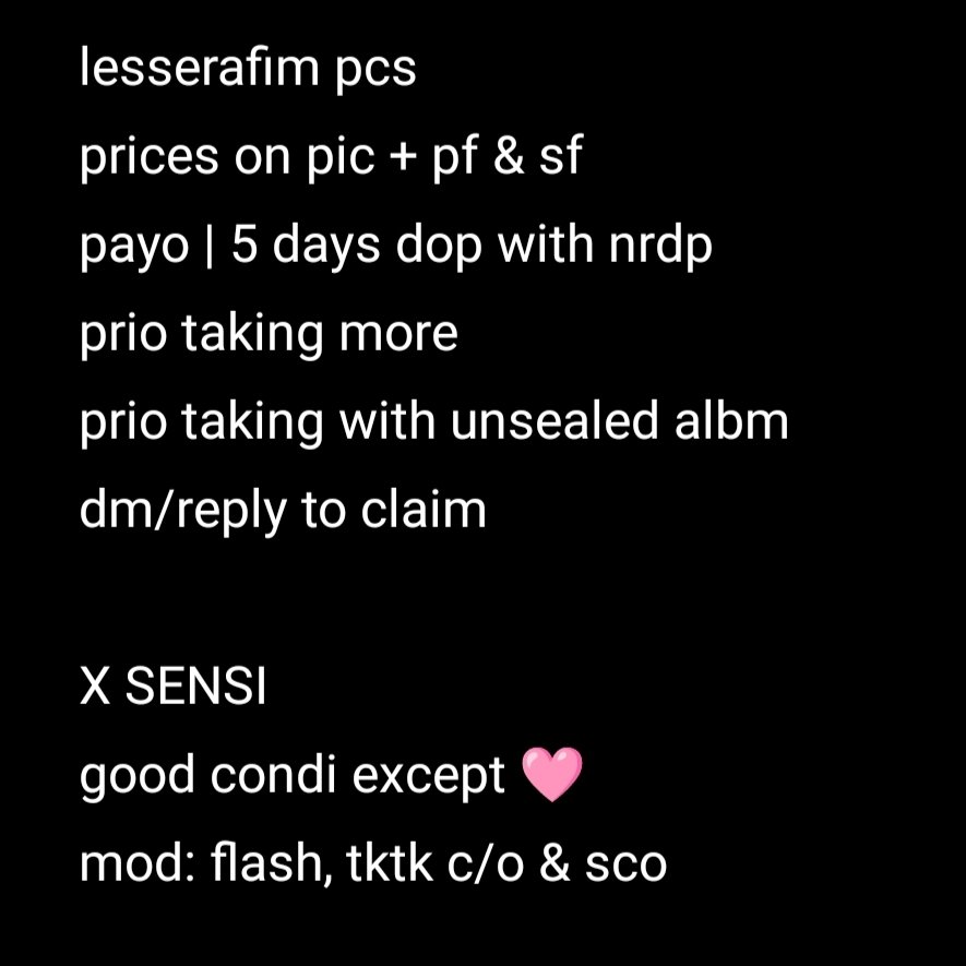 ｡⁠☆ wts Ifb pc ph ˚. ꒰ #bieysells ꒱ .˚

lesserafim pcs
dm/reply to claim
rcbyt: lelebile.carrd.co

🏷️ chaewon yunjin pc ph weverse antifragile unforgiven wink cap lollipop unsealed